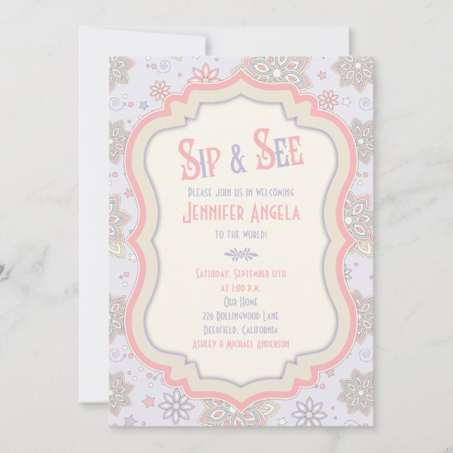 Invitación Purple Pink Floral Baby Shower Sip y See (Anverso)