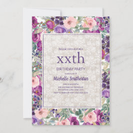 Invitación Purple Pink Floral Lace Cualquier Cumpleaños de Ed