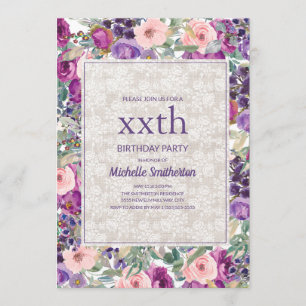 Invitación Purple Pink Floral Lace Cualquier Cumpleaños de Ed