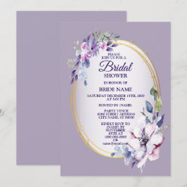 Invitación Purple Pink Floral Watercolor Golden Bridal Shower