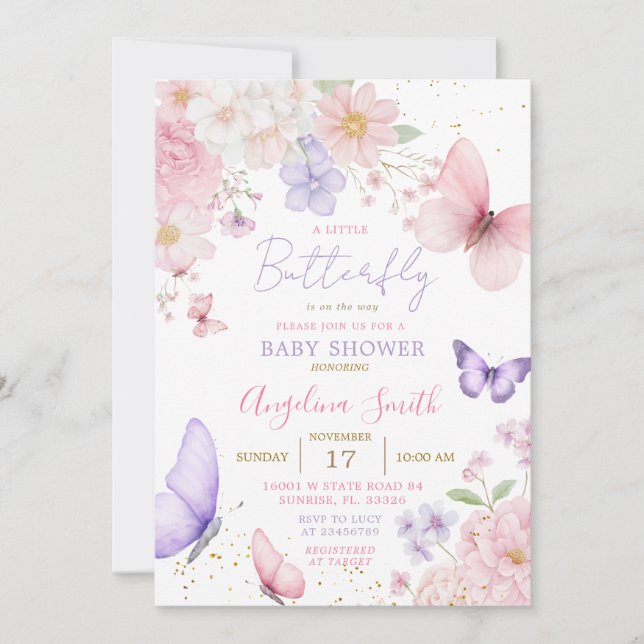 Invitación Purple & Pink Little Butterfly Floral Baby Shower (Anverso)