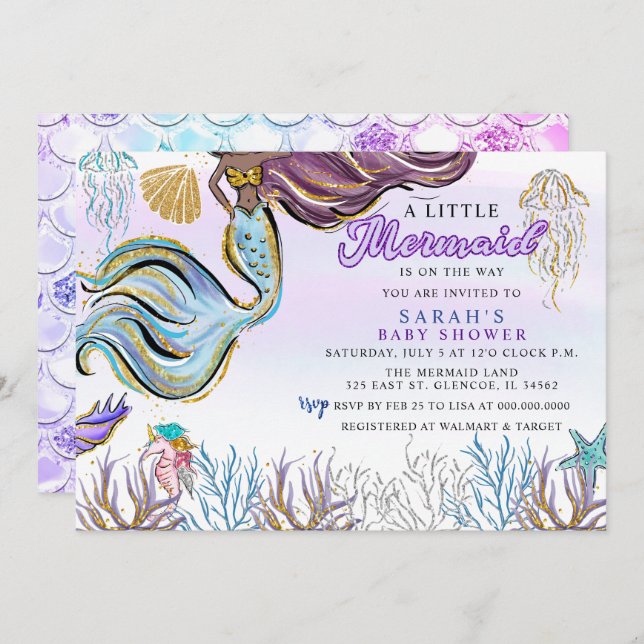 Invitación Purple Pink Modern Glitter Mermaid Baby Shower (Anverso / Reverso)