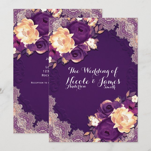 Invitación Purple Plum Elegant Lace Floral Wedding Country (Anverso / Reverso)