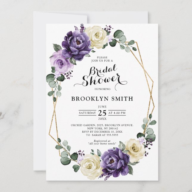 Invitación Purple Plum Marfil Oro Geométrico Ducha De Novias (Anverso)