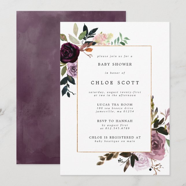 Invitación Purple Plum Mauve Pink Floral Baby Shower (Anverso / Reverso)