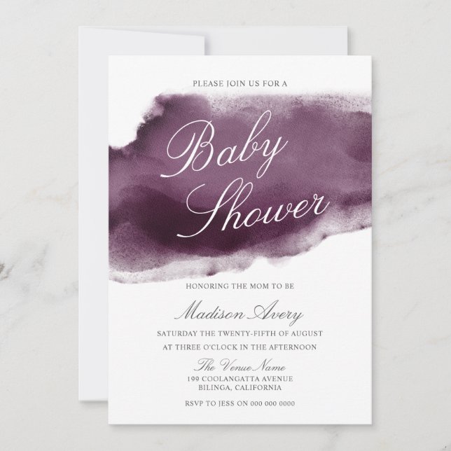 Invitación Purple Plum Modern Watercolor Baby Shower (Anverso)
