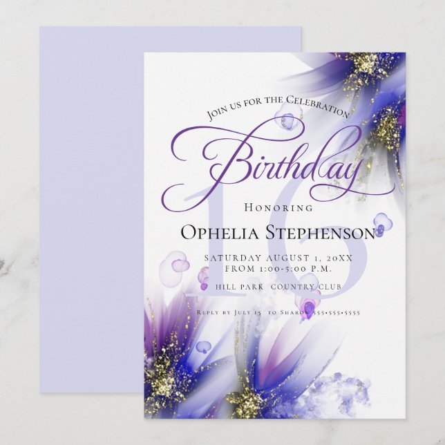 Invitación Purple Purple Abstract Floral Cumpleaños sin miedo (Anverso / Reverso)