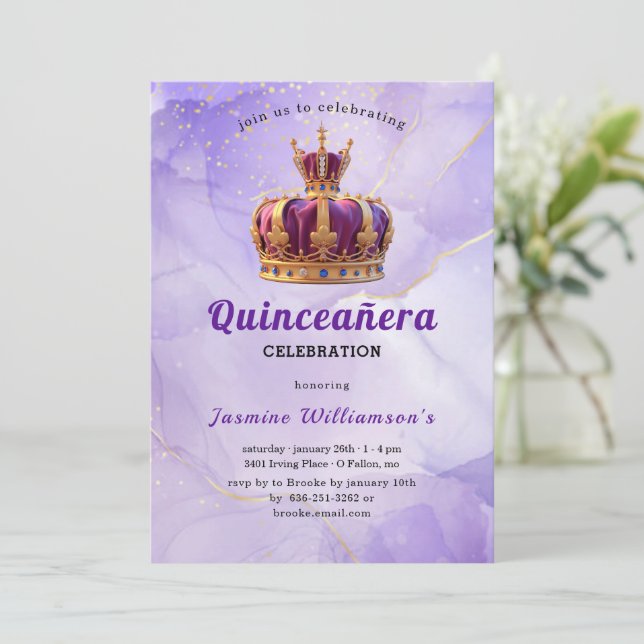 Invitación Purple Quinceanera Princess Crown Birthday Party  (Anverso de pie)