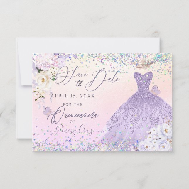 Invitación Purple Quinceanera Save Date Holographic Confetti (Anverso)