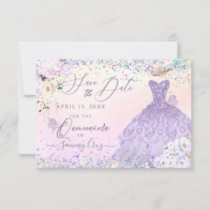 Invitación Purple Quinceanera Save Date Holographic Confetti