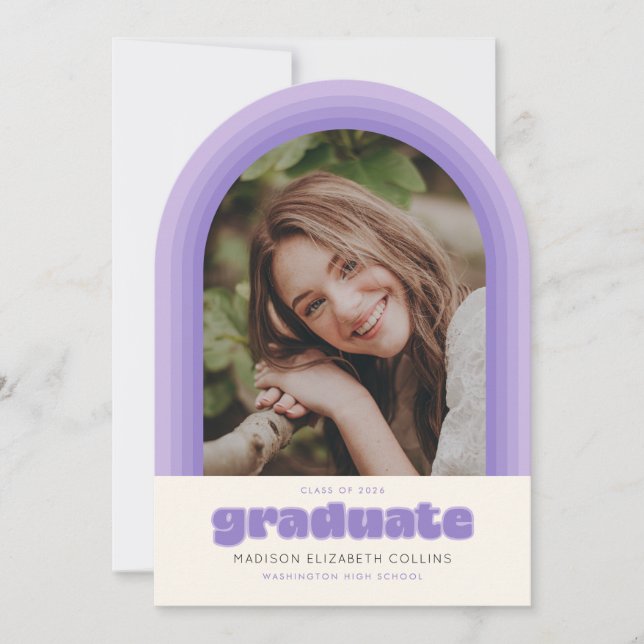 Invitación Purple Retro Striped Arch Graduation Announcement (Anverso)