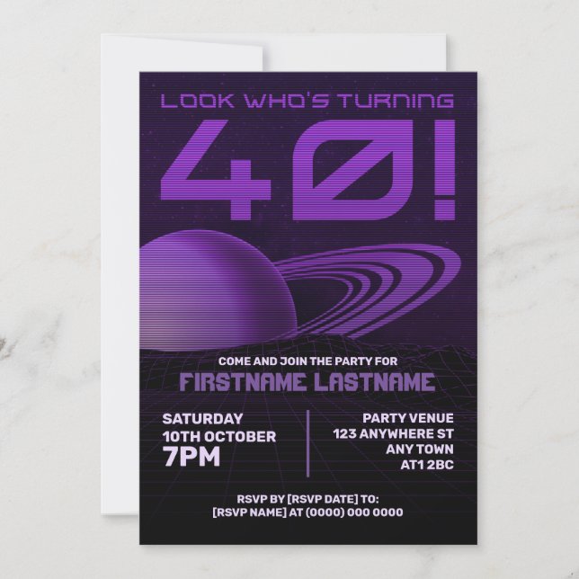 Invitación Purple Retrowave 40th Birthday Party Invitation