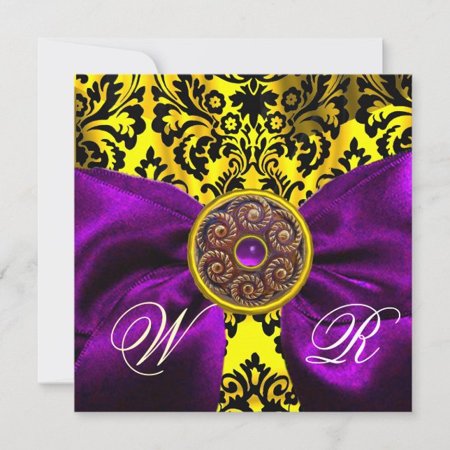 INVITACIÓN PURPLE RIBBON ORO AMARILLO NEGRO DAMASK MONOGRAM (Anverso)