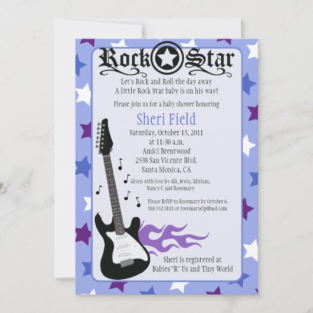 Invitación PURPLE ROCK STAR 5X7 BABY SHOWER - Rosemary (Anverso)