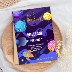 Invitación Purple Rocket Planets Birthday Invitations
