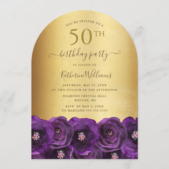 Invitación Purple Rose Floral Gold 50th Birthday Party (Anverso)