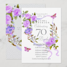 Purple Rose Ribbon 70th  Birthday Invitation