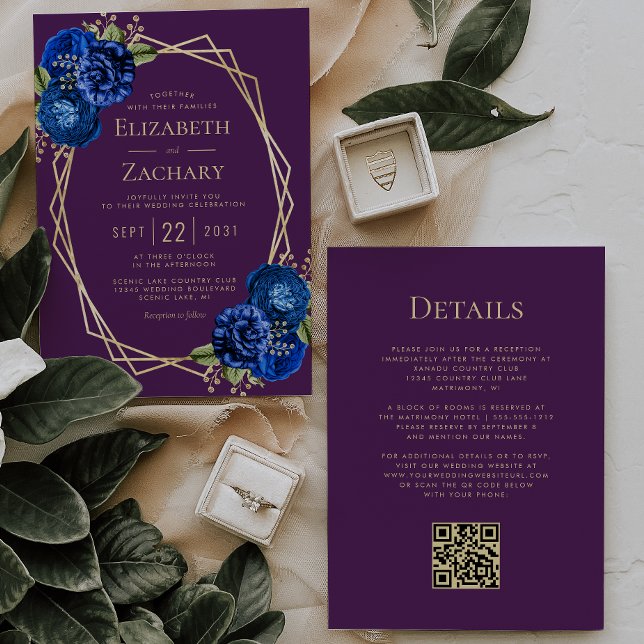 Invitación Purple Royal Floral Gold Geo QR Code Boda (Subido por el creador)