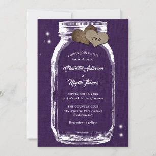 Invitación Purple Rustic Burlap Hearts Mason Jar Boda