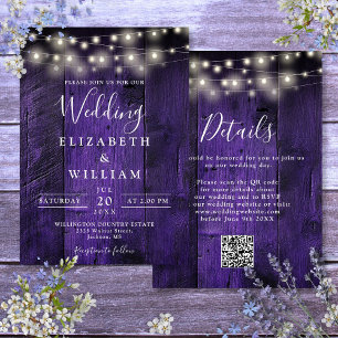 Invitación Purple Rustic Wood Boda String Lights Lights QR Co