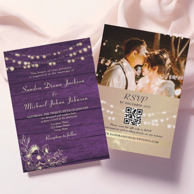 Invitación Purple Rustic Wood String Lights Boda QR Code (Subido por el creador)