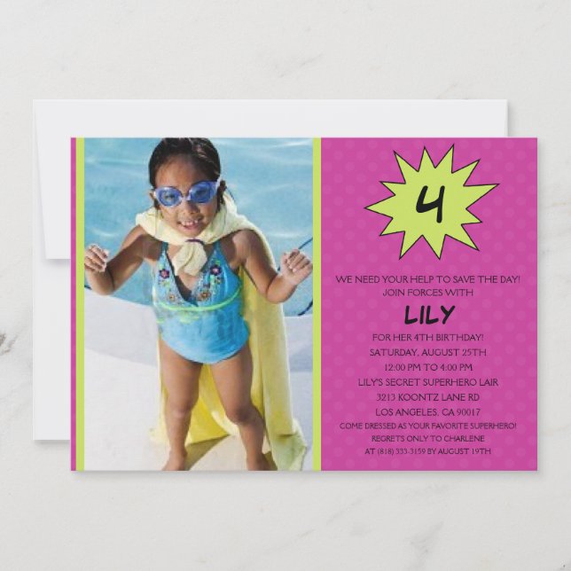 Invitación Purple Save the Day Superhéroe Photo Birday Party (Anverso)