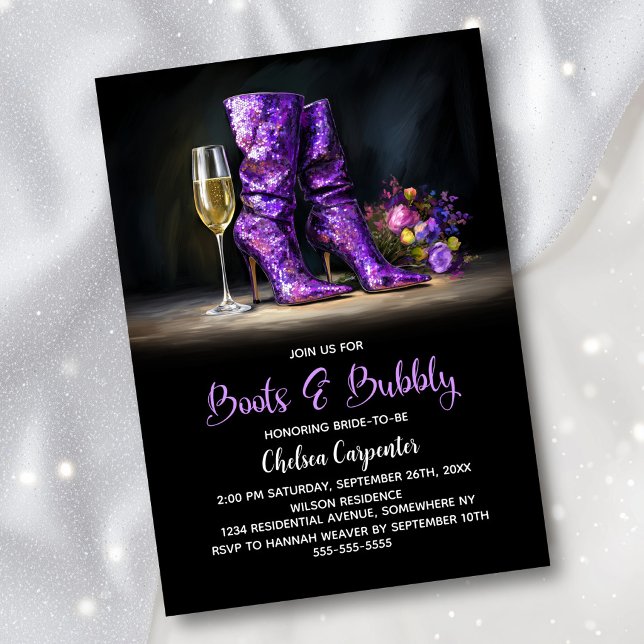 Invitación Purple Sequin Boots and Bubbly Bridal Shower (Subido por el creador)