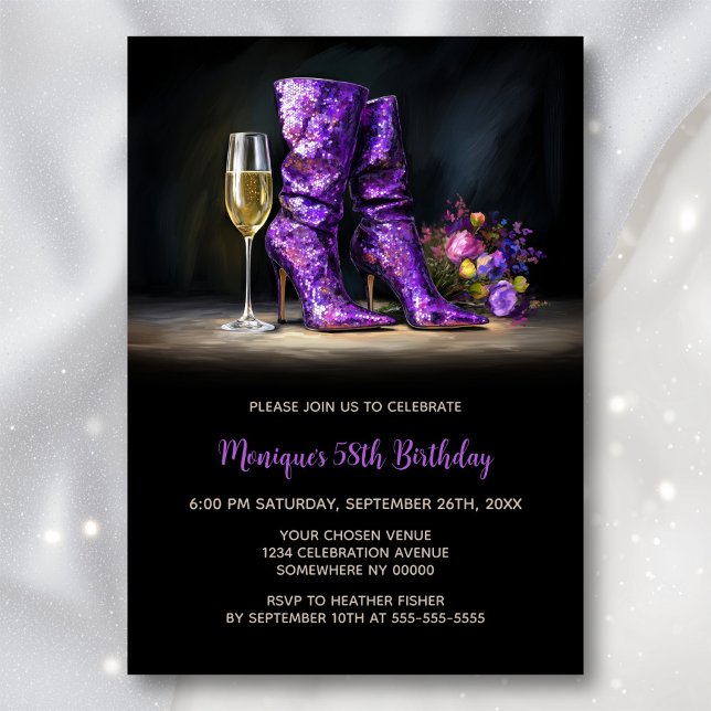Invitación Purple Sequin Boots Any Age Birthday Party (Subido por el creador)