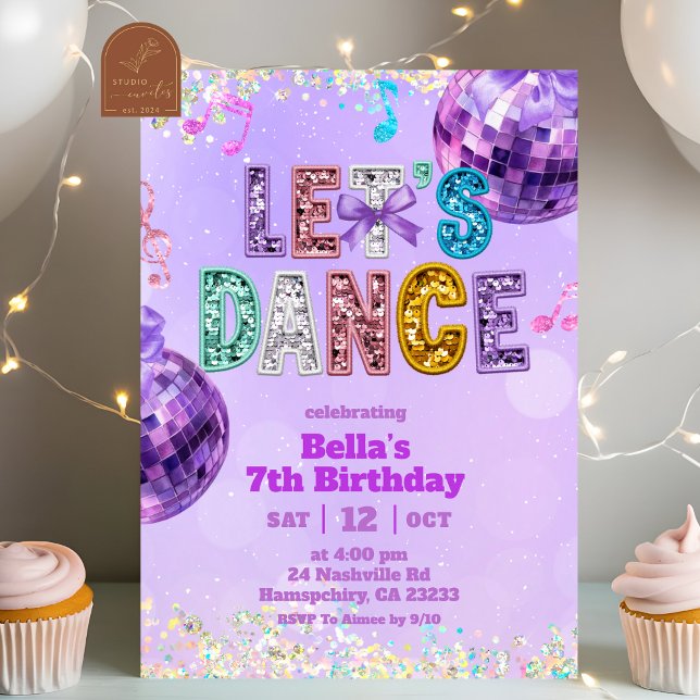 Invitación Purple Sequin Glitter Let's Dance Birthday (Subido por el creador)
