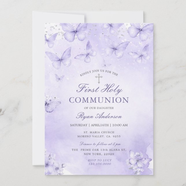 Invitación Purple Silver Butterfly First Holy Communion  (Anverso)