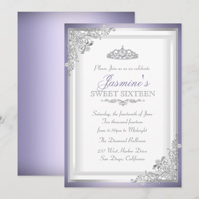 Invitación Purple Silver Damask & Tiara Sweet 16 (Anverso / Reverso)