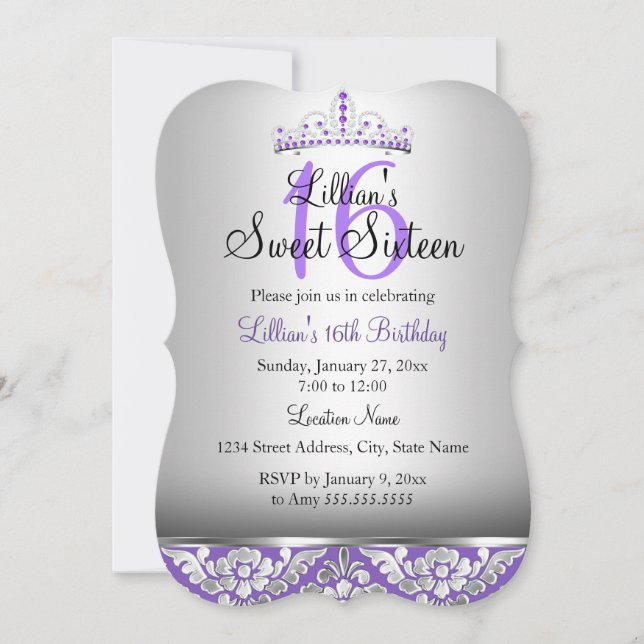 Invitación Purple Silver Damask & Tiara Sweet 16 (Anverso)