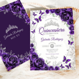 Invitación Purple Silver Floral Quinceanera
