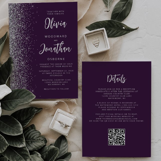 Invitación Purple Silver Glitter Calligraphy QR Code Wedding (Subido por el creador)