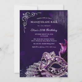 Invitación Purple Silver Masquerade Elegant Birthday Party