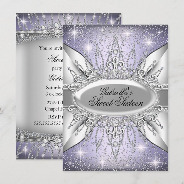 Invitación Purple & Silver Sparkle Diamond Sweet 1 (Anverso / Reverso)