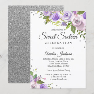 Invitación Purple Silver Sparkle Floral Sweet Sixt