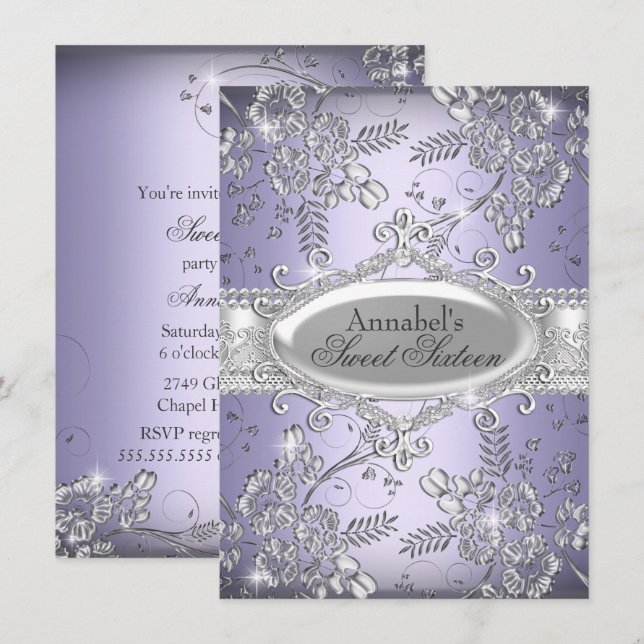 Invitación Purple Silver Sparkle Flower Sweet 16 (Anverso / Reverso)