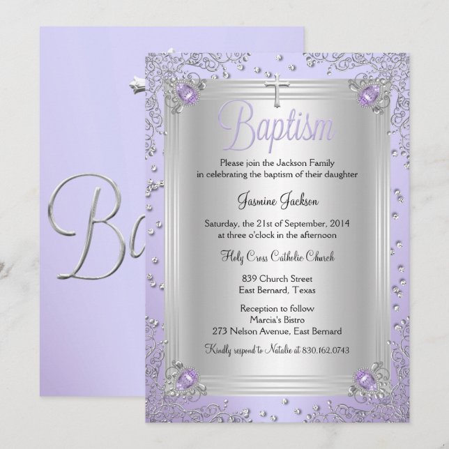 Invitación Purple Sparkle Jewel Baptism Christening (Anverso / Reverso)