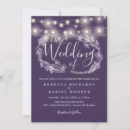 Invitación Purple String Lights Floral Script Boda
