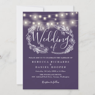 Invitación Purple String Lights Floral Script Boda