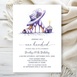 Invitación Purple Striped High Heel Shoes 100th Birthday