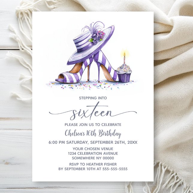 Invitación Purple Striped High Heel Shoes 16th Birthday Party (Subido por el creador)