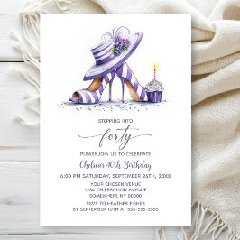 Invitación Purple Striped High Heel Shoes 40th Birthday Party