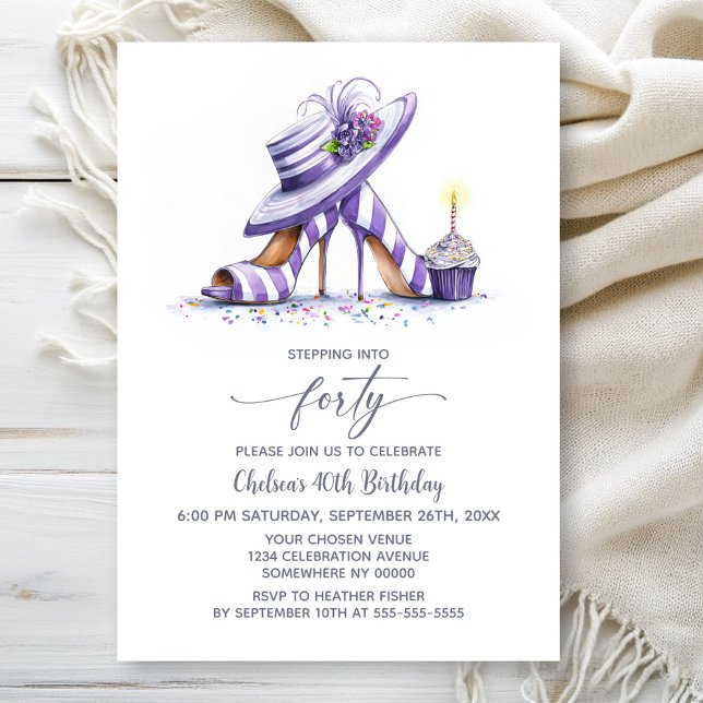 Invitación Purple Striped High Heel Shoes 40th Birthday Party (Subido por el creador)