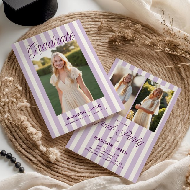 Invitación Purple Striped Preppy Graduation (Subido por el creador)