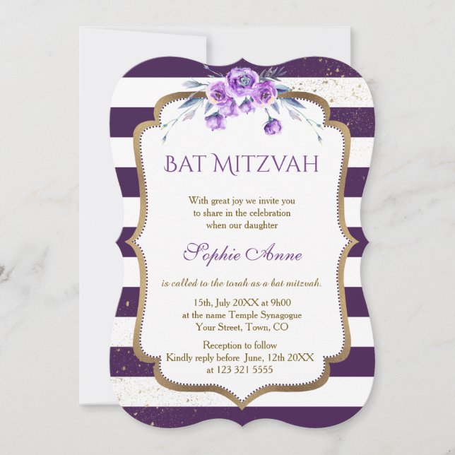 Invitación Purple Stripes Gold Floral First Holy Communición (Anverso)