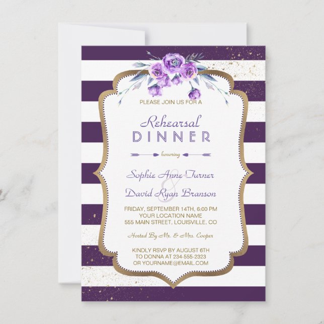 Invitación Purple Stripes Gold Violet Floral Ensayo de cena (Anverso)