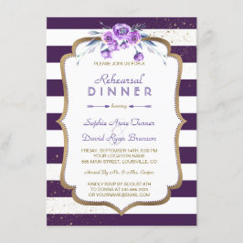 Invitación Purple Stripes Gold Violet Floral Ensayo de cena