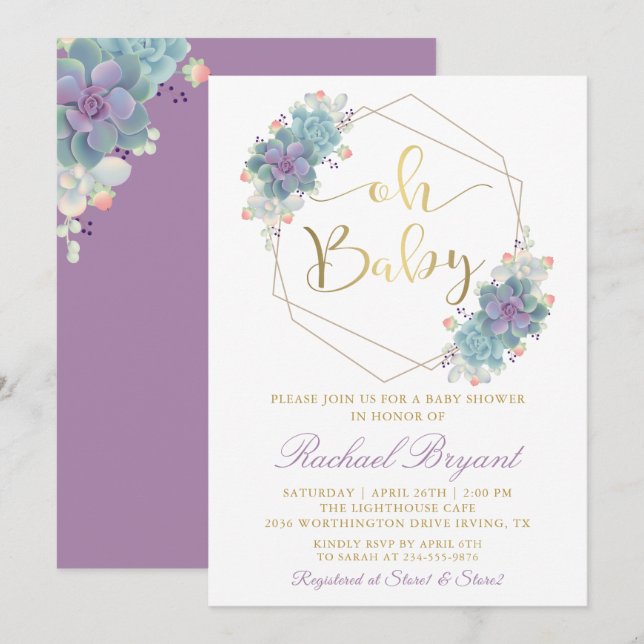 Invitación Purple Succulent Gold Geometric Baby Shower (Anverso / Reverso)